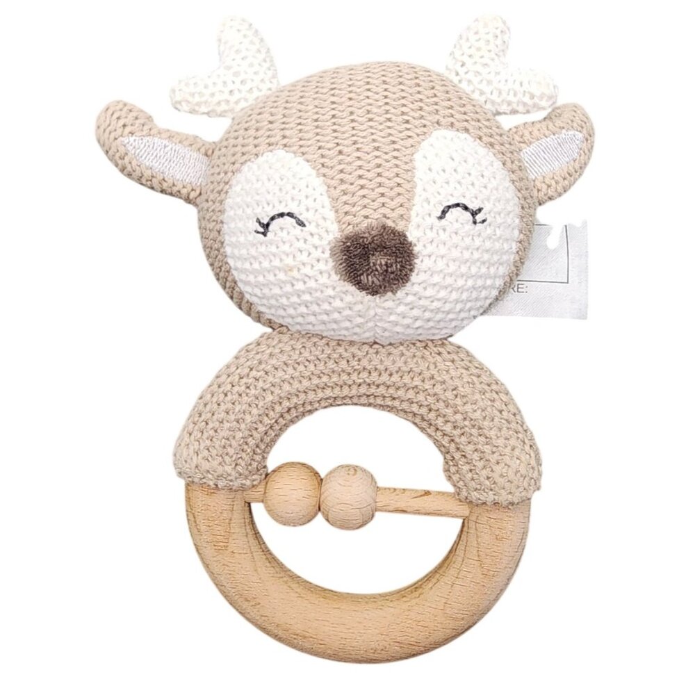 Sunny Days Entertainment Knit Crochet Wood Deer Rattle Infant Baby Toy Plush